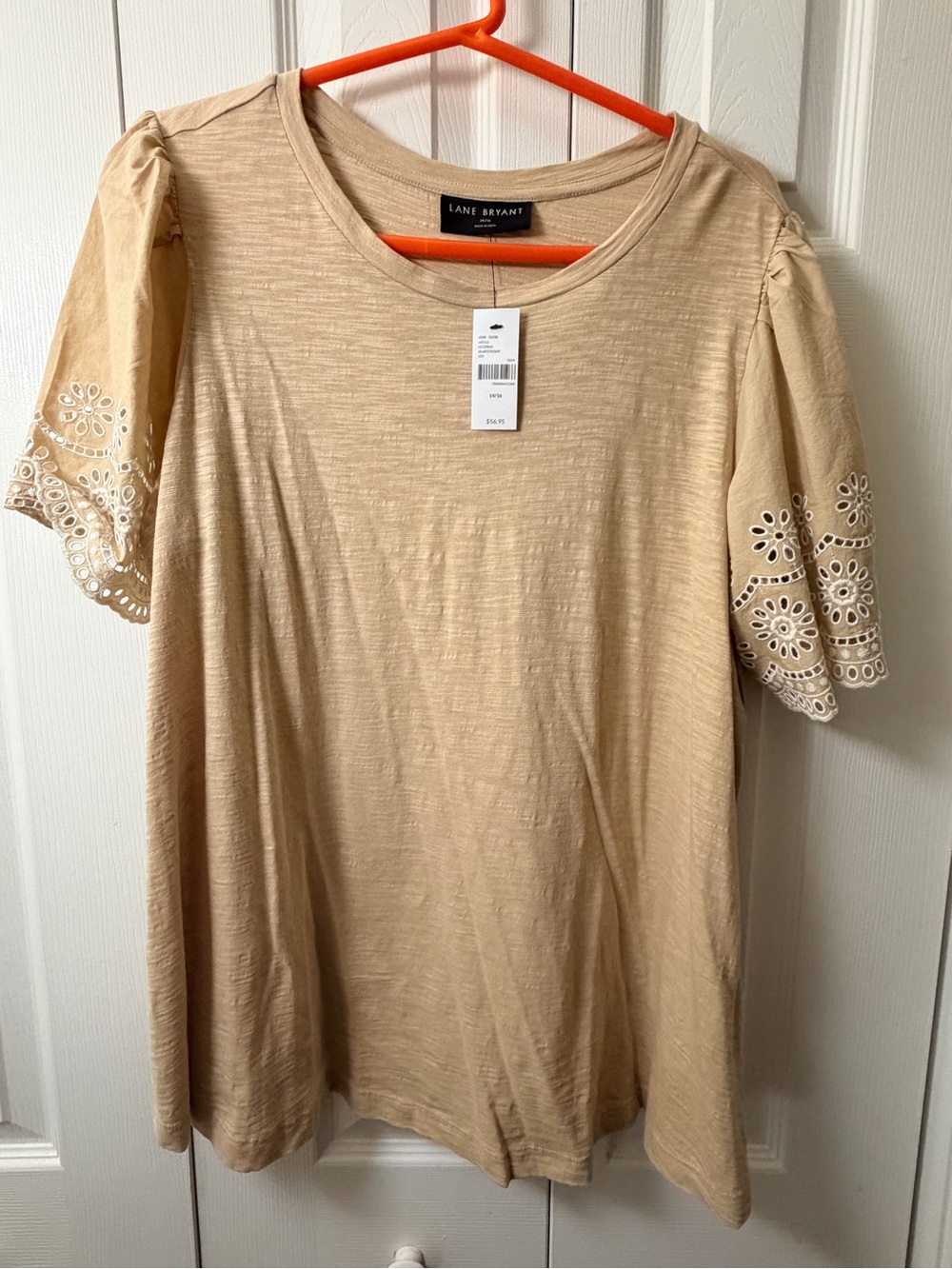 Lane Bryant Beige Eyelet-Sleeve Short Sleeve Top